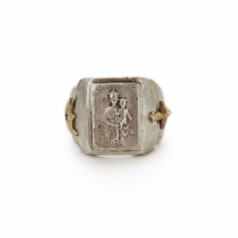 image of sterling silver souvenir biker ring with mother Mary holding baby Jesus, with brass sword and shield crest