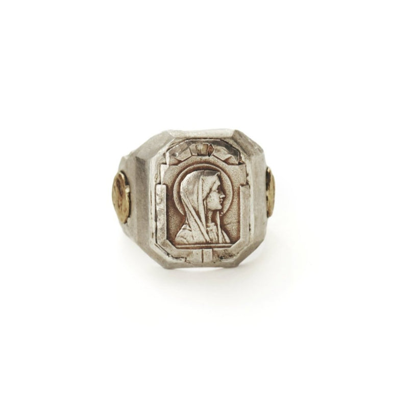 image of Mother Mary ring inspired by French religious medallions, biker and Souvenir ring